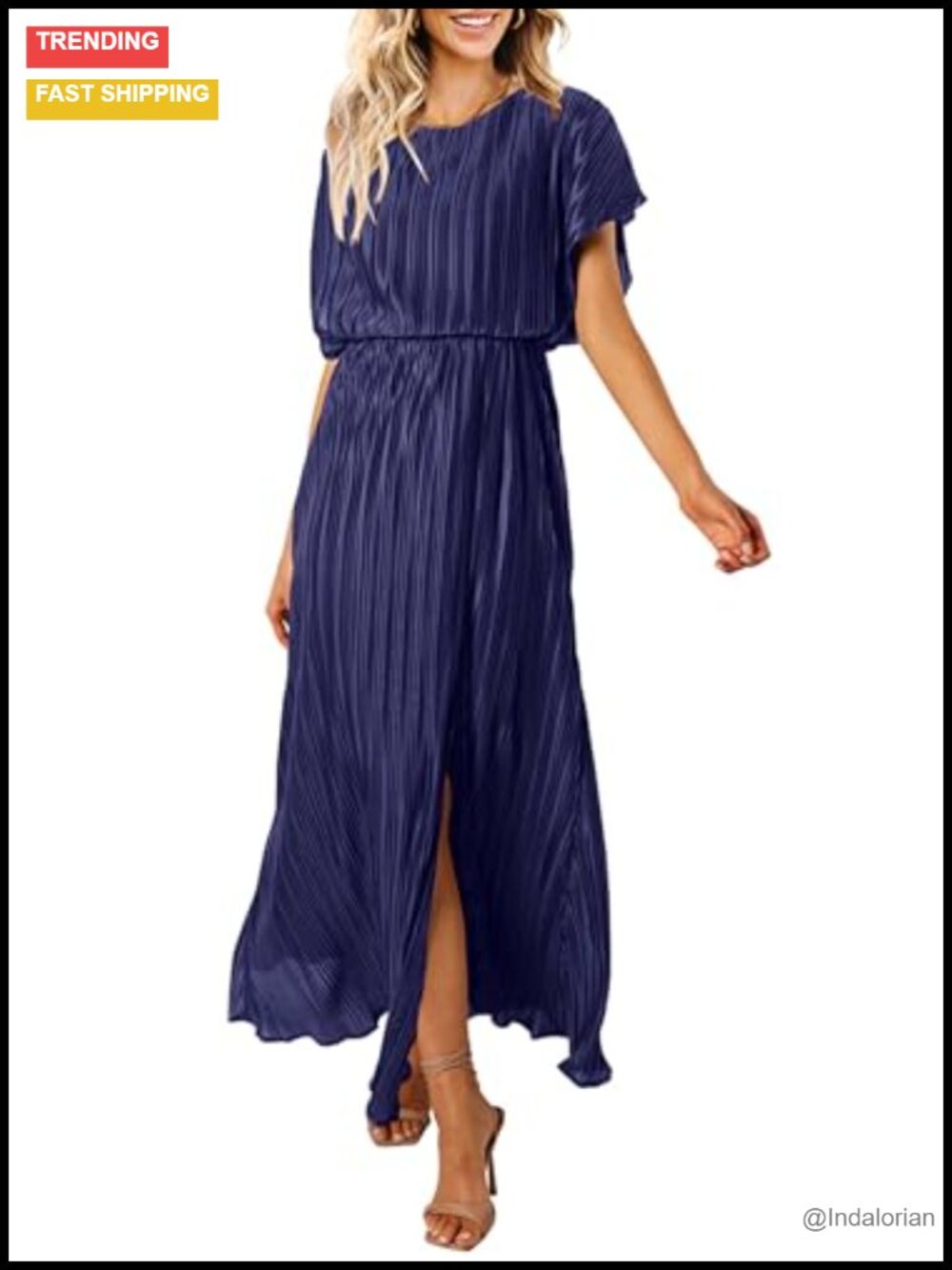 Women's Casual Maxi Dress Short Sleeve Crewneck Ruffle Pleated Flowy Formal